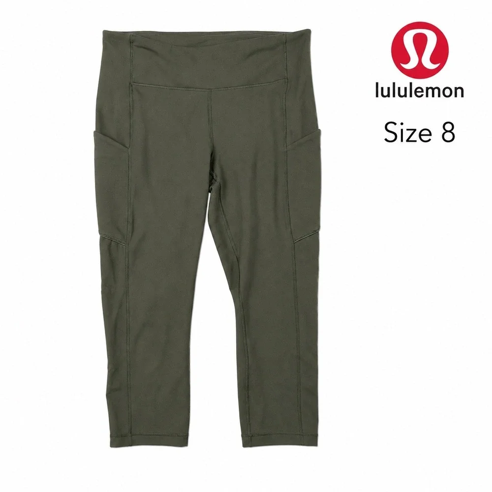 Lululemon Speed Up Crop 21 Dark Olive Green Running Leggings Pockets Size 8 - Picture 1 of 6